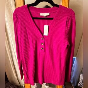 LOFT Women's Fuchsia Ribbed Long Sleeve Top